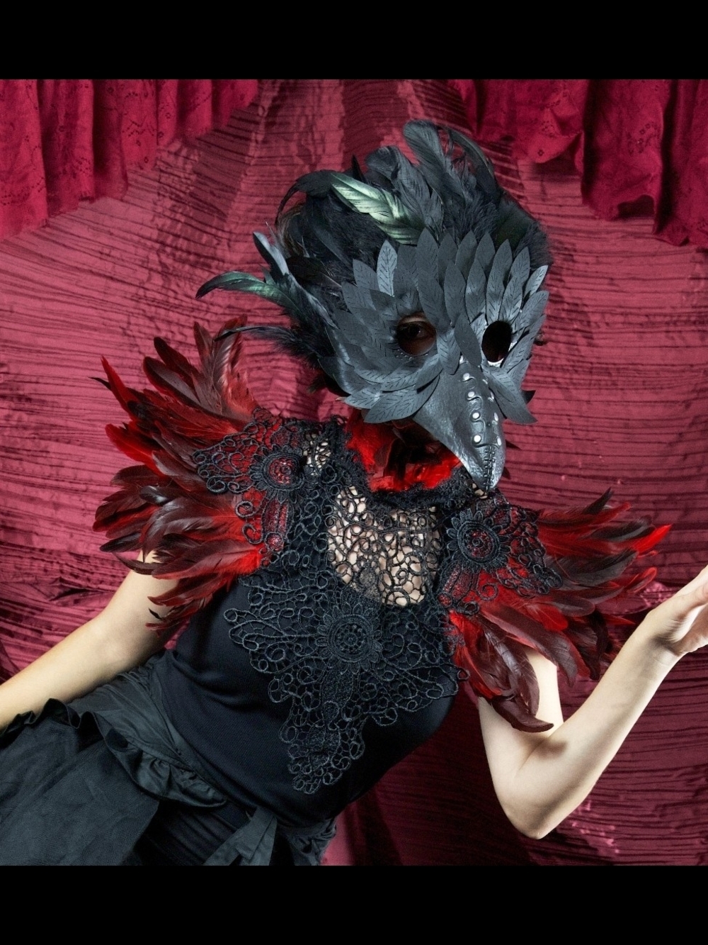 Red Raven Feather Lace Collar - Black Gothic Costume Accessory